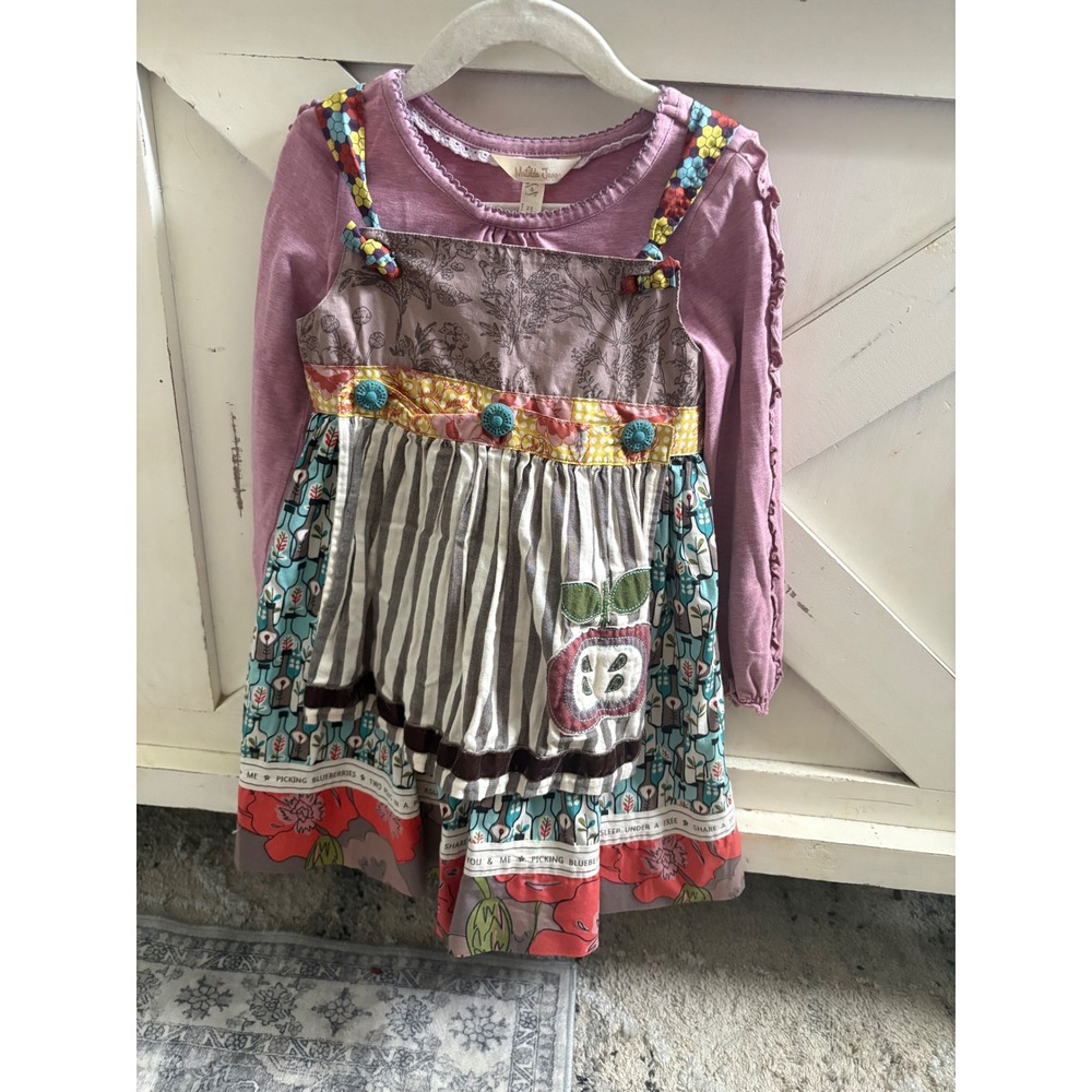 Matilda Jane You & Me Percy Knot Dress Girls Purple Floral Apple Pinafore Size 4
